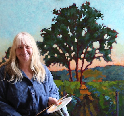 artist with vineyard painting, painter with Napa Valley painting