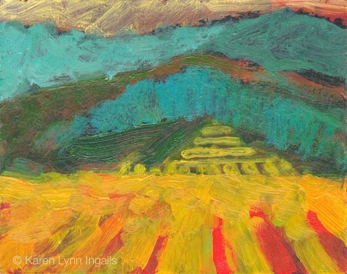 Abstract landscape painting of vineyards and mountains, by Karen Lynn Ingalls